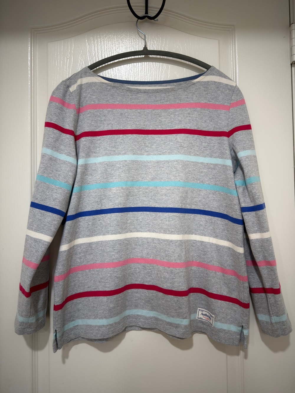 Talbots 100% Cotton Gray Multicolor Striped Boat Neck Knit Top